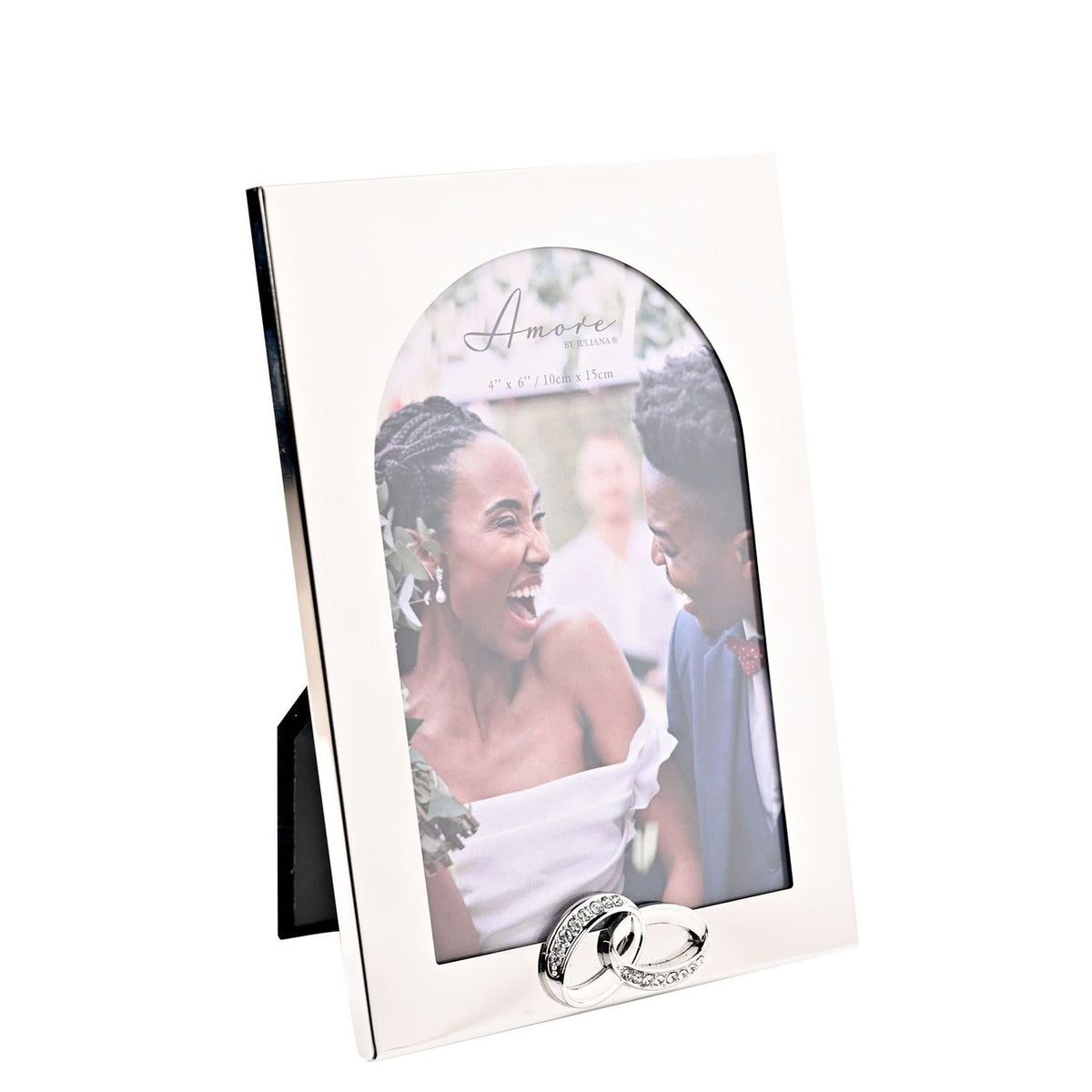Silver metal photo frame with an arched rectangular border and linked rings adorned with small stones at the base, holding a 6 x 4in wedding portrait, shown at an angle on a white background.