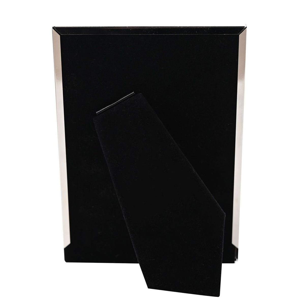 Rectangular photo frame in black with polished silver edging, shown from behind with easel stand extended, on a plain white background.