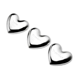 Three silverplated heart charm ornaments with a mirror-bright silver finish, engraved "Love", "Forever" and "Together", arranged diagonally on a white background.