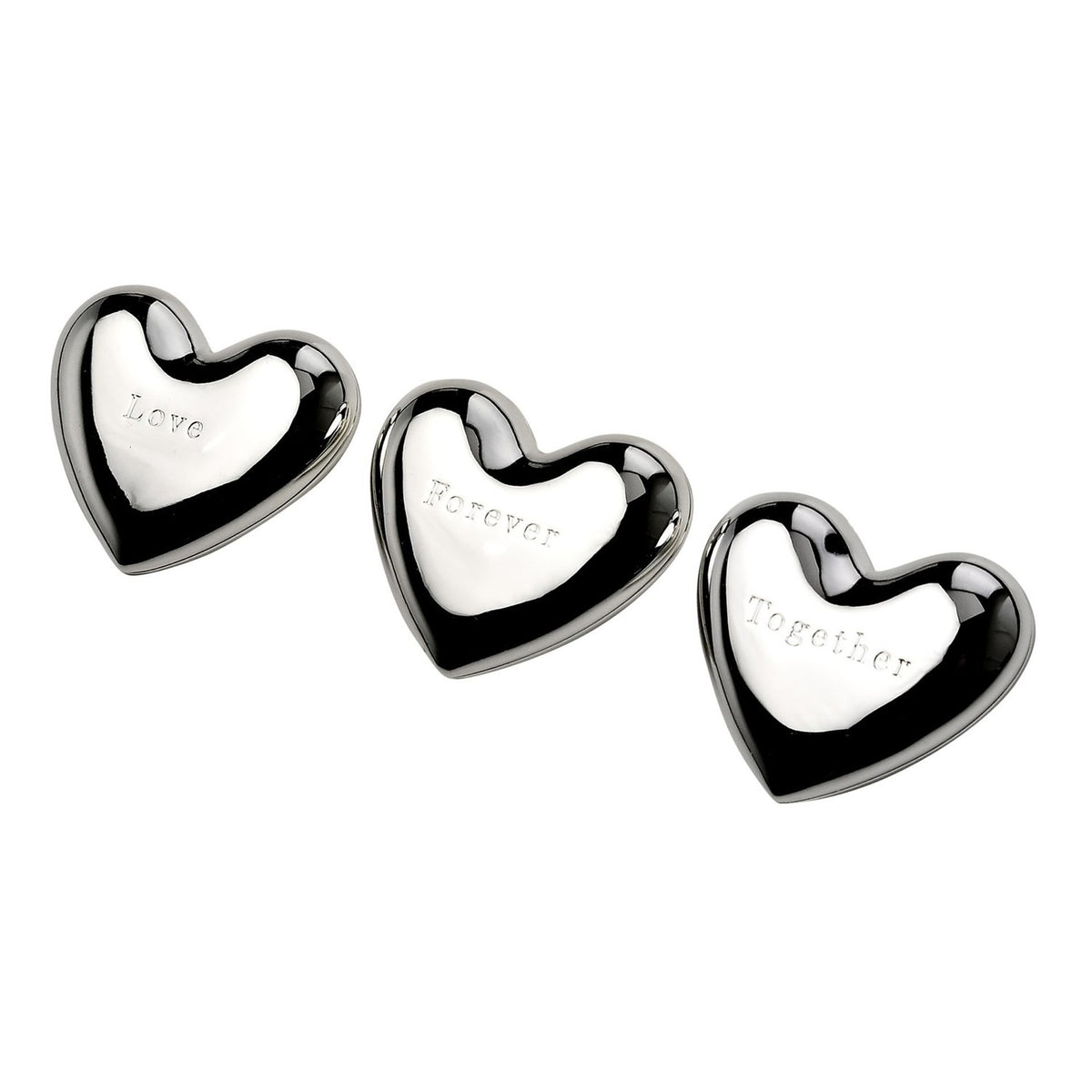 Three silverplated heart charm ornaments with domed, mirror-bright silver finish, each engraved "Love", "Forever" and "Together", arranged in a row on a white background.