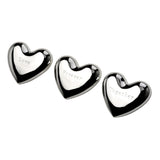 Three silverplated heart charm ornaments with domed, mirror-bright silver finish, each engraved "Love", "Forever" and "Together", arranged in a row on a white background.