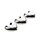 Three silverplated heart charm ornaments with a mirror-bright silver finish, each engraved with "Love", "Forever" and "Together", arranged in a row on a plain white background.