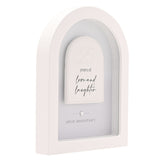 White arched MDF wall plaque, 18cm, with raised arch panel reading "25 years of love and laughter" and "silver anniversary" beneath a small heart detail, on a plain white background.