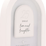 White arched MDF plaque, 18cm, with raised arch panel reading "25 years of love and laughter" and a small heart above "silver anniversary" text.