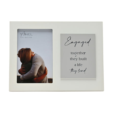 White wooden photo frame with a 4x6 photo opening beside a grey "Engaged, together they built a life they loved" verse plaque, shown on a plain white background.