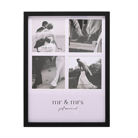 Mr & Mrs multi-aperture photo frame in black wood with white mount, four 4x4in square apertures above "mr & mrs, just married" text, shown on a plain background.