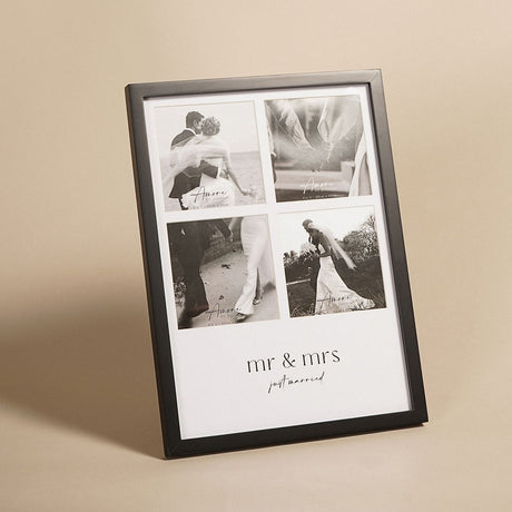 Black wooden multi-aperture photo frame with four 4 x 4in square windows holding wedding photos, "mr & mrs just married" text below, on a neutral background.