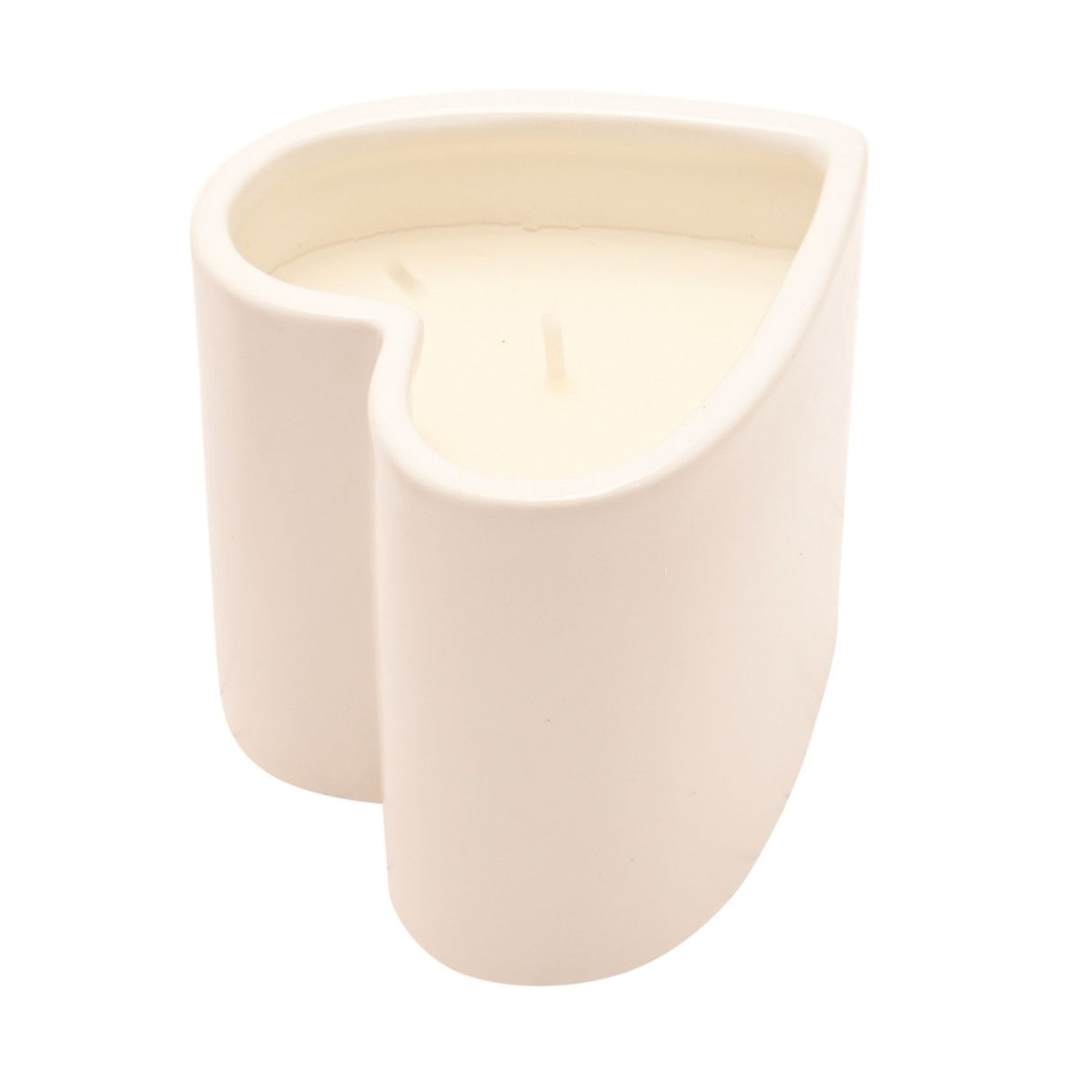 Heart-shaped scented candle in a white ceramic holder with rounded sides, filled with creamy wax and twin wicks, shown on a plain white background.