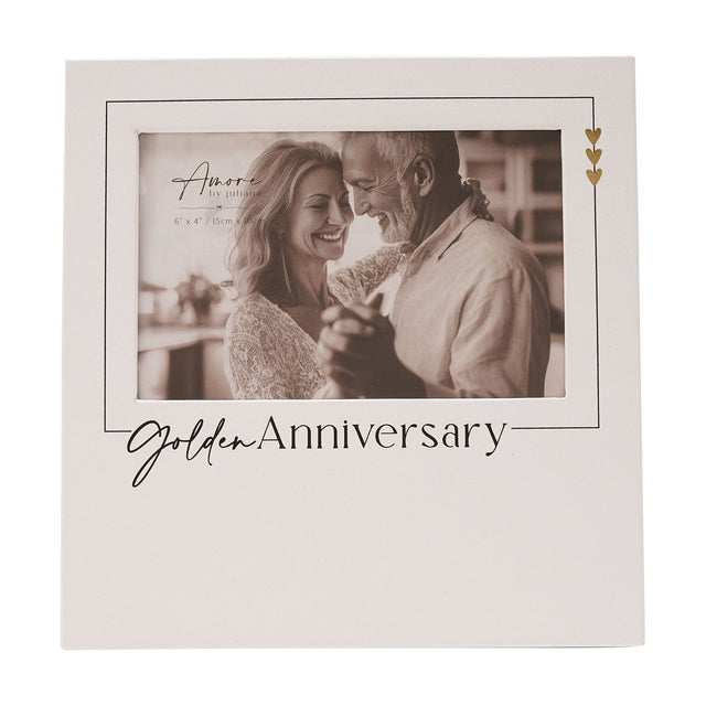 White square MDF photo frame for a 6x4in photo, with "Golden Anniversary" script below the opening and three gold hearts in the top right corner.