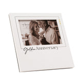 White square MDF photo frame with "Golden Anniversary" text and three small gold hearts, holding a 6x4in couple photo, shown on a plain white background.