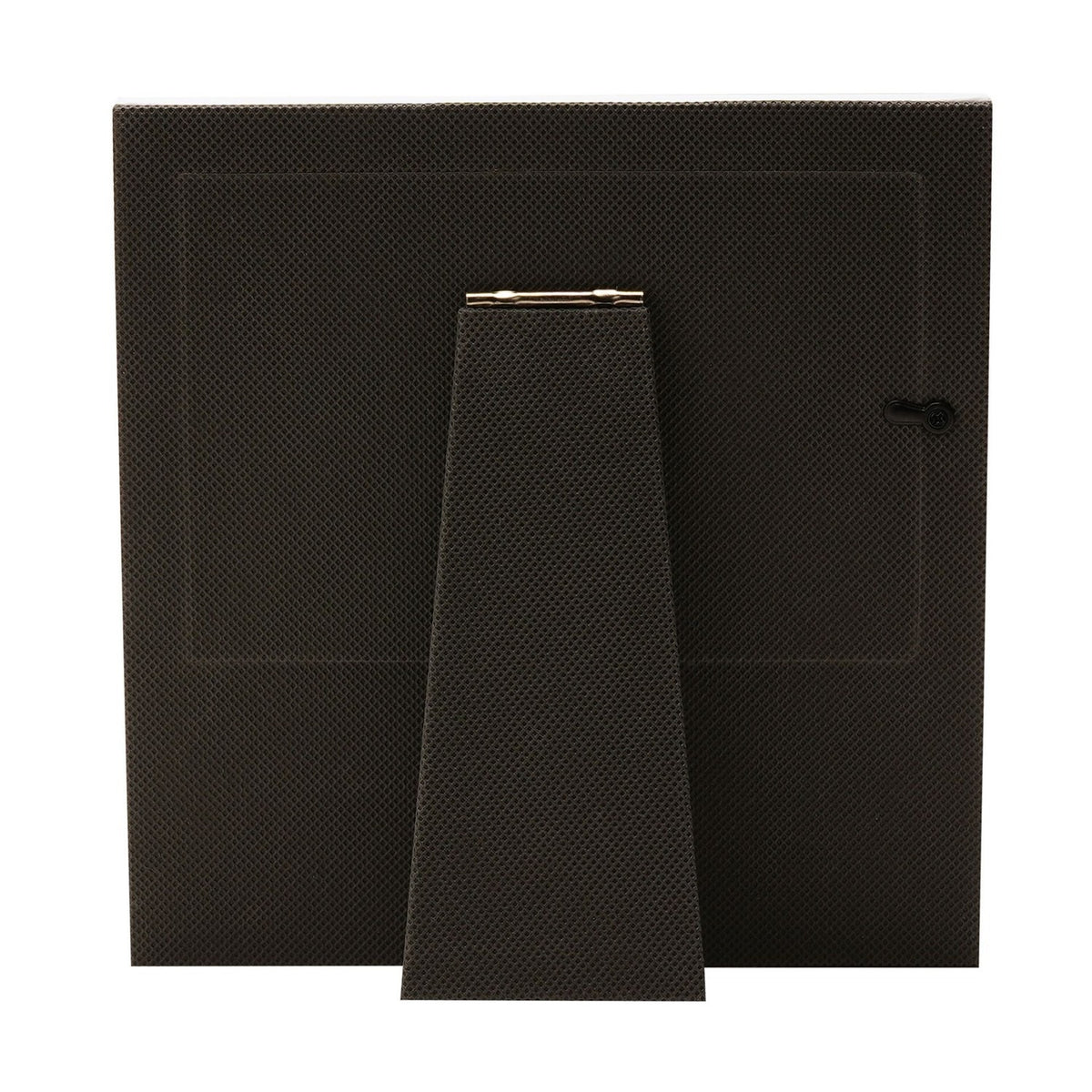 Rear view of the square white MDF Golden Anniversary photo frame, showing the textured back panel, hinged kickstand easel, and keyhole hanger on a plain background.