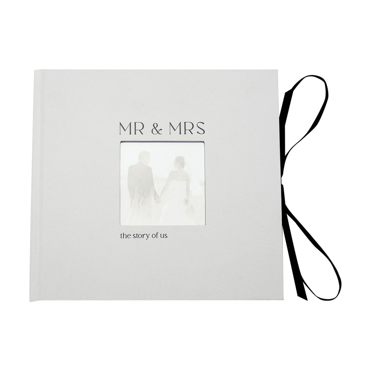 Mr & Mrs Textured Photo Album with Black Ribbon Tie - White