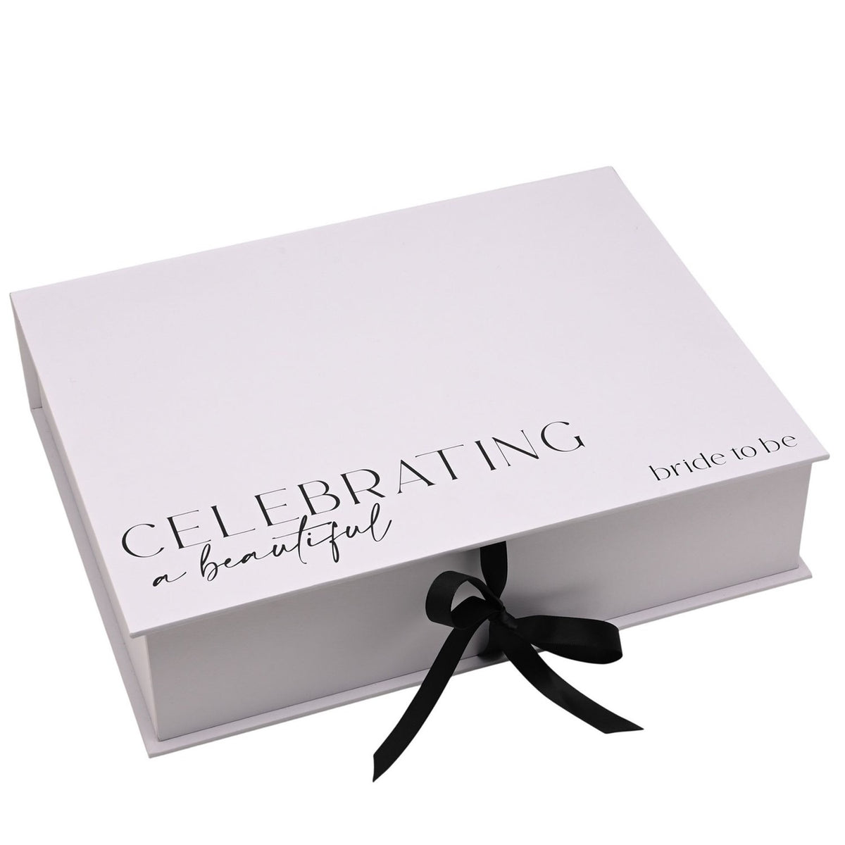 White rectangular A4 keepsake box with "Celebrating a beautiful bride to be" printed in black on the lid, closed with a black ribbon tie, on a plain background.