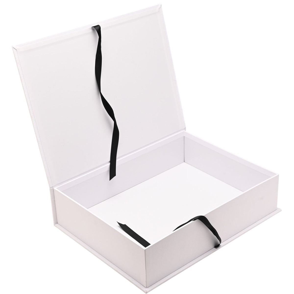 White rectangular A4 keepsake box with hinged lid open, shown empty inside with black ribbon ties, on a plain white background.
