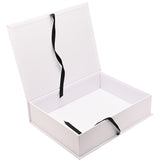 White rectangular A4 keepsake box with hinged lid open, shown empty inside with black ribbon ties, on a plain white background.