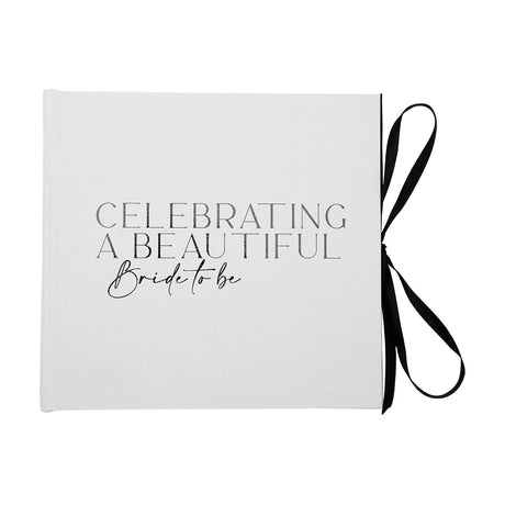 White textured photo album with black ribbon tie, cover reading "Celebrating a Beautiful Bride to be" in capitals and script, shown on a plain white background.