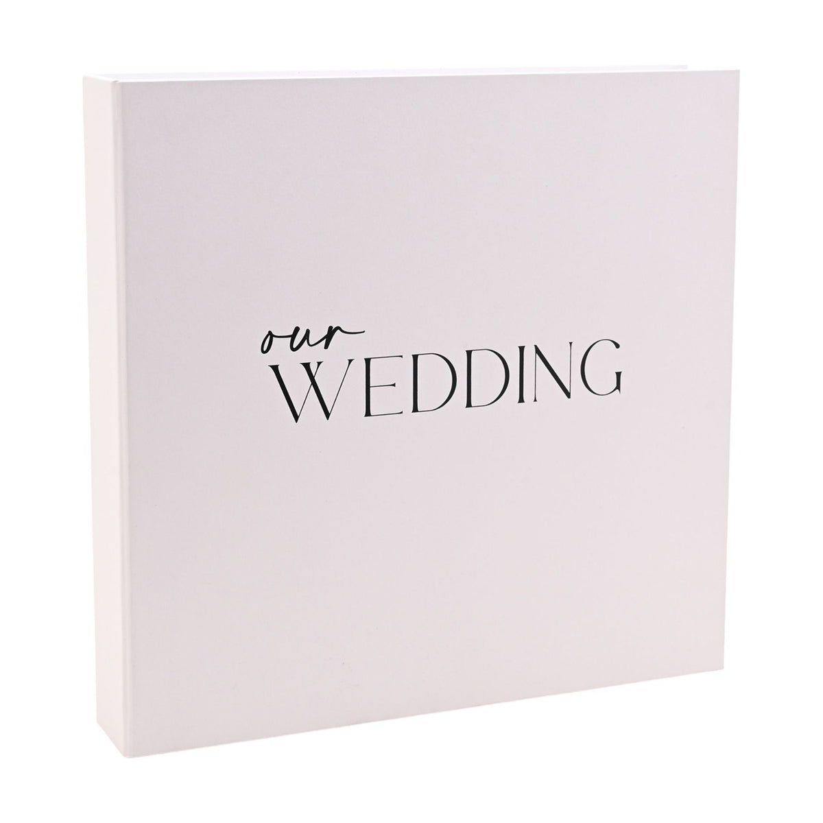 Square white "Our Wedding" photo album with matching box, featuring "our" in script and "WEDDING" in capitals on the front, shown against a plain background.