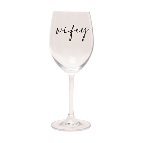 Clear glass wine glass, 23.4cm, with "wifey" in black script lettering on the tulip-shaped bowl, long stem and round foot, shown on a plain white background.