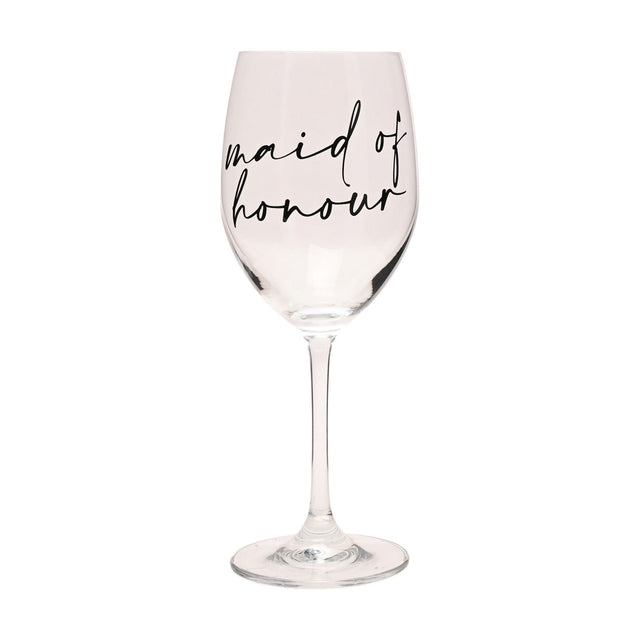 Clear wine glass with "maid of honour" printed in black script on the rounded bowl, long slender stem and round foot, shown on a plain white background.