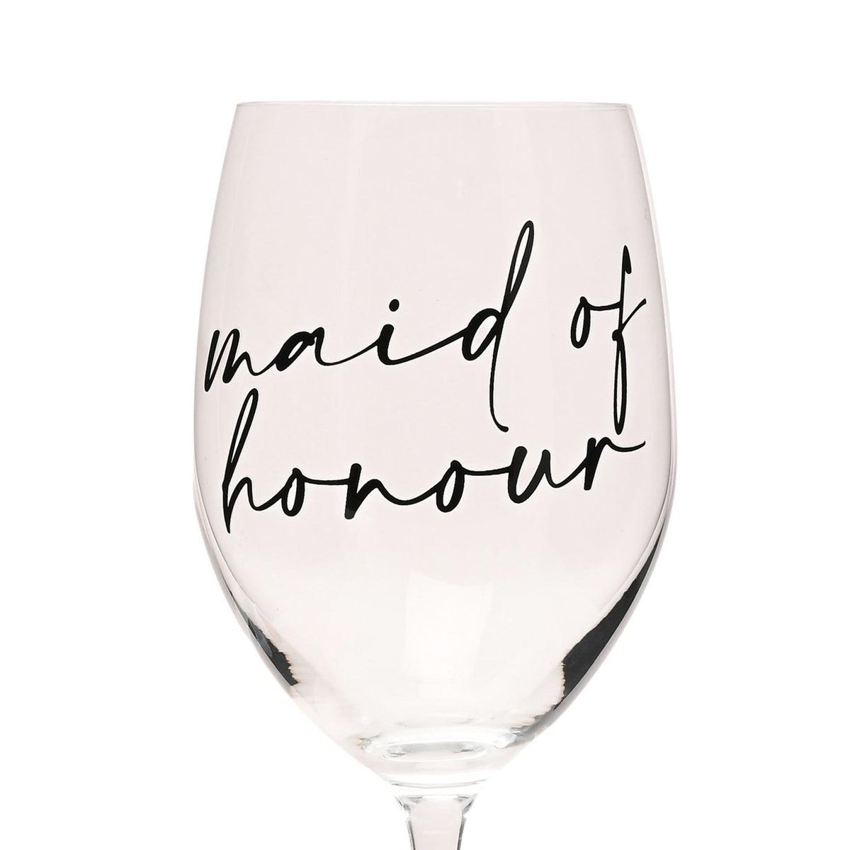Clear wine glass with "maid of honour" printed in black script across the rounded bowl, featuring a slender stem, set against a plain white background.