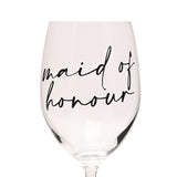 Clear wine glass with "maid of honour" printed in black script across the rounded bowl, featuring a slender stem, set against a plain white background.