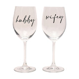 Hubby and Wifey Wine Glass Set of 2 with Black Words - Clear