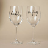 Hubby and Wifey Wine Glass Set of 2 with Black Words - Clear