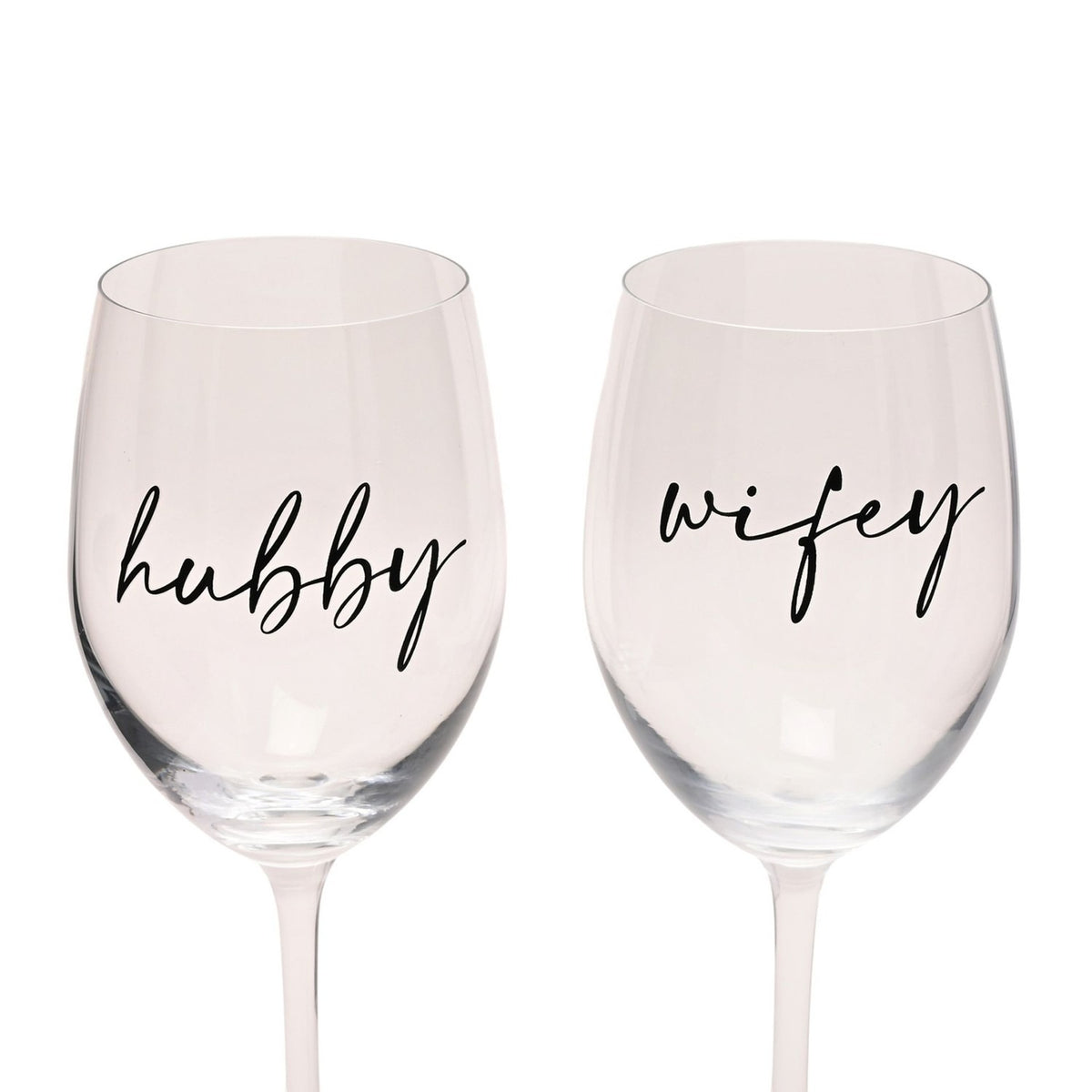 Hubby and Wifey Wine Glass Set of 2 with Black Words - Clear