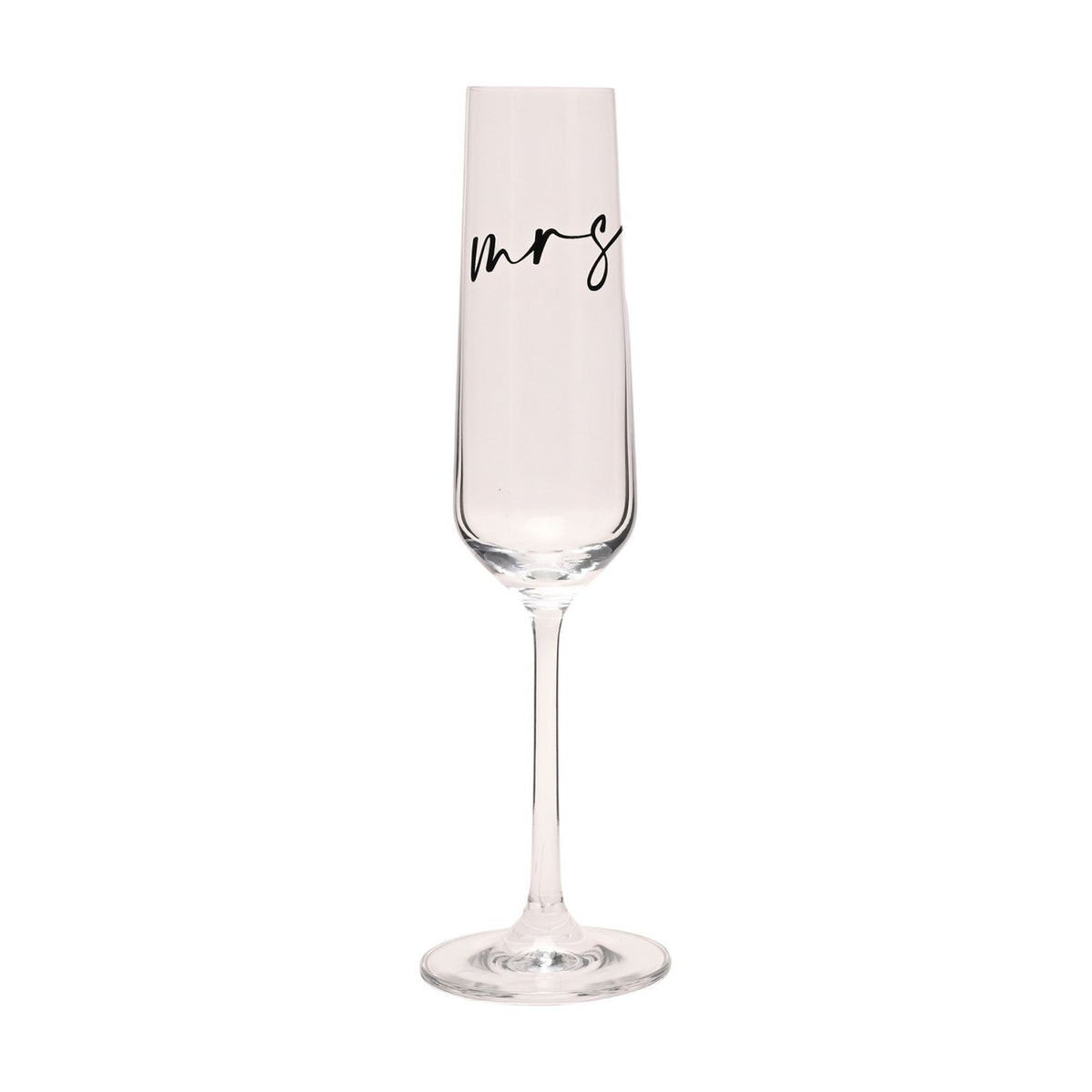 Mrs Stemmed Champagne Flute with Black Script Words - Clear