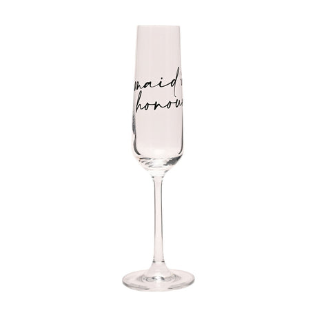 Clear glass champagne flute with "maid of honour" in black script on the bowl, tall slender shape, long stem and round foot, shown on a plain white background.