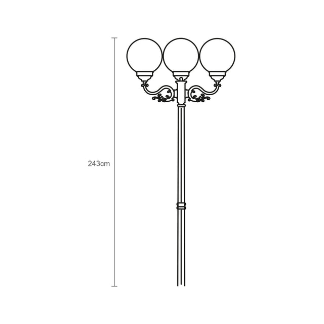 Line drawing of the Rondel cast aluminium outdoor 3 light lamp post, 243cm column with scrolled arms and three opal globe shades, shown with height measurement on a white background.