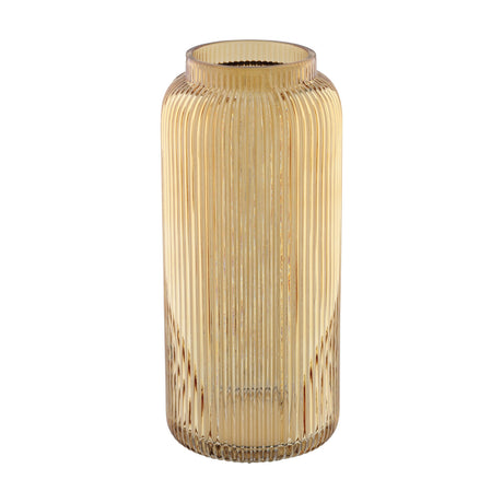 Ambalabe ribbed glass vase in amber, cylindrical shape with a rounded shoulder and short collar neck, shown on a plain white background.