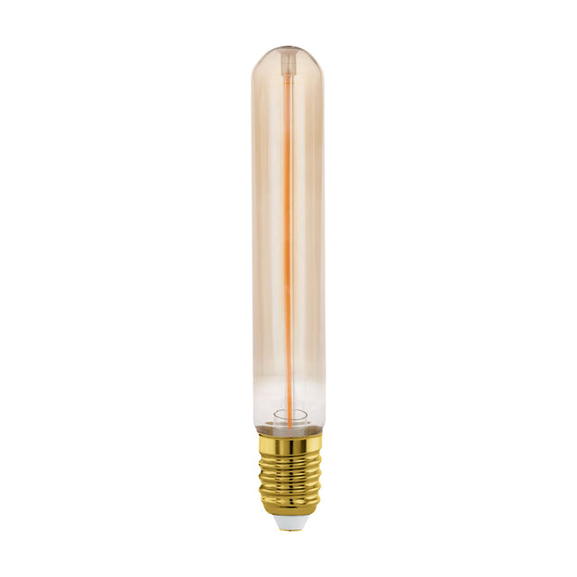 Amber Dimmable LED Bulb E27, a slim tubular filament bulb in tinted amber glass with a single vertical filament and brass-coloured E27 screw cap, shown on a plain white background.