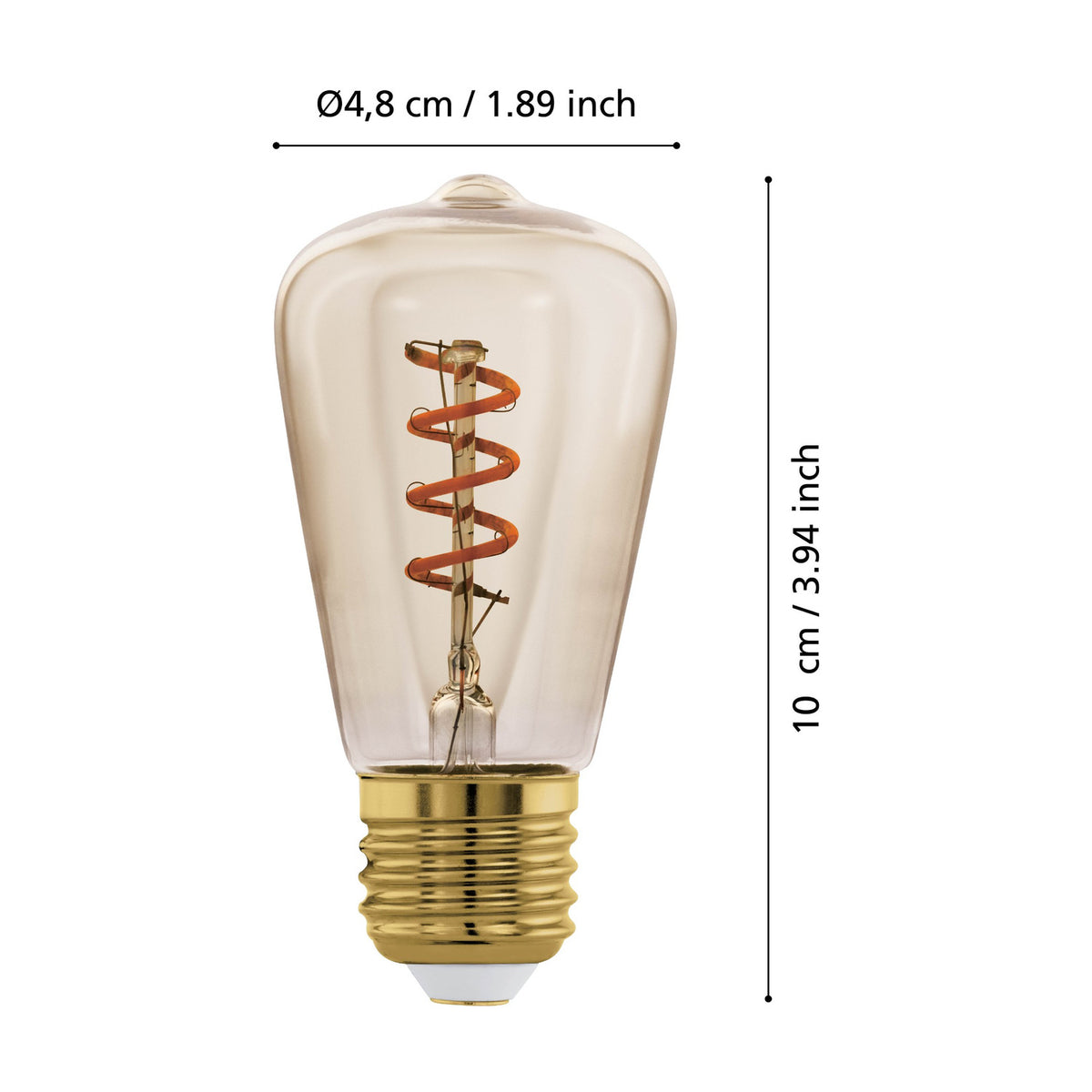 Amber dimmable LED bulb with vintage-style tapered glass and spiral filament, brass-coloured E27 screw cap, shown with Ø4.8cm x 10cm dimensions on a white background.