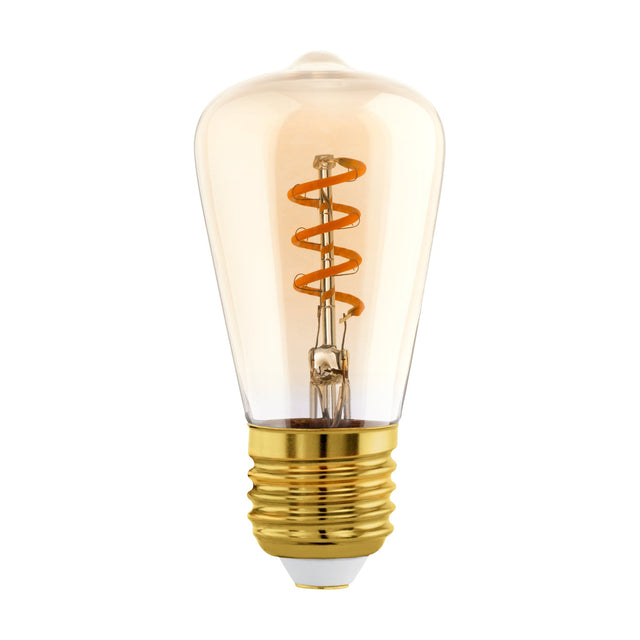 Amber dimmable LED bulb with spiral filament in a tapered vintage-style glass, brass-coloured E27 screw cap, 4W warm white, shown on a plain white background.