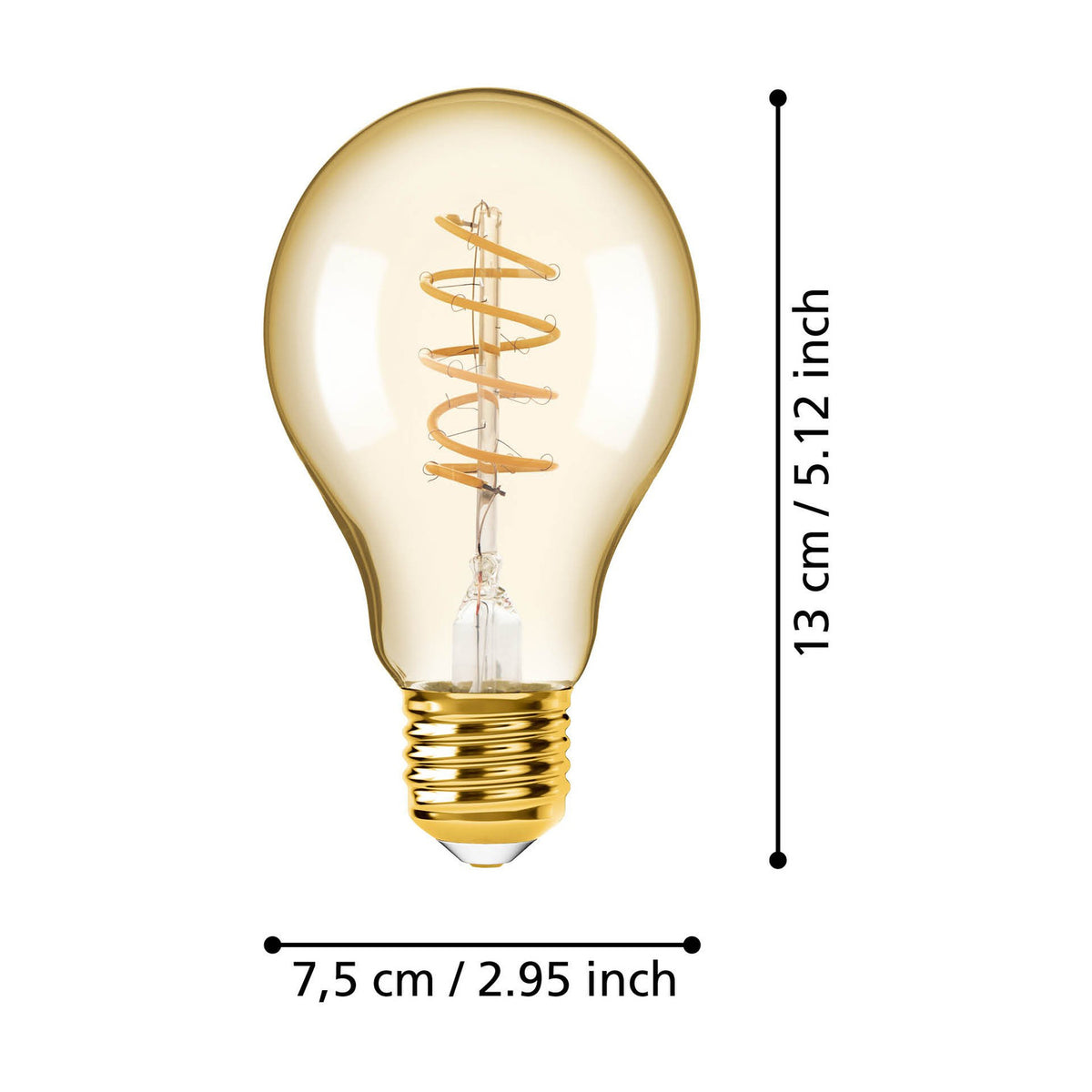 Amber dimmable LED bulb with pear shape, spiral filament, and brass-toned E27 cap, shown with size dimensions 13cm x 7.5cm on a white background.
