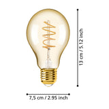 Amber dimmable LED bulb with pear shape, spiral filament, and brass-toned E27 cap, shown with size dimensions 13cm x 7.5cm on a white background.