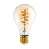 Amber LED bulb, E27, with a classic pear-shaped tinted glass body, spiral filament, and brass-tone screw cap, shown on a plain white background.