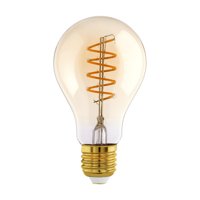 Amber LED bulb, E27, with a classic pear-shaped tinted glass body, spiral filament, and brass-tone screw cap, shown on a plain white background.