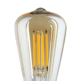 Close-up of an Amber Dimmable LED filament bulb, E27 gold-coloured screw cap, amber glass showing four warm white vertical filaments, 4W 300lm, on a white background.