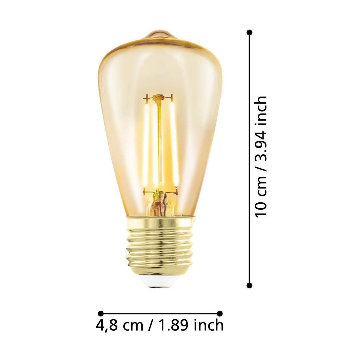 Amber LED filament bulb with teardrop shape and gold-coloured E27 screw cap, shown with dimension labels of 10cm height and 4.8cm width on a white background.