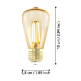 Amber LED filament bulb with teardrop shape and gold-coloured E27 screw cap, shown with dimension labels of 10cm height and 4.8cm width on a white background.
