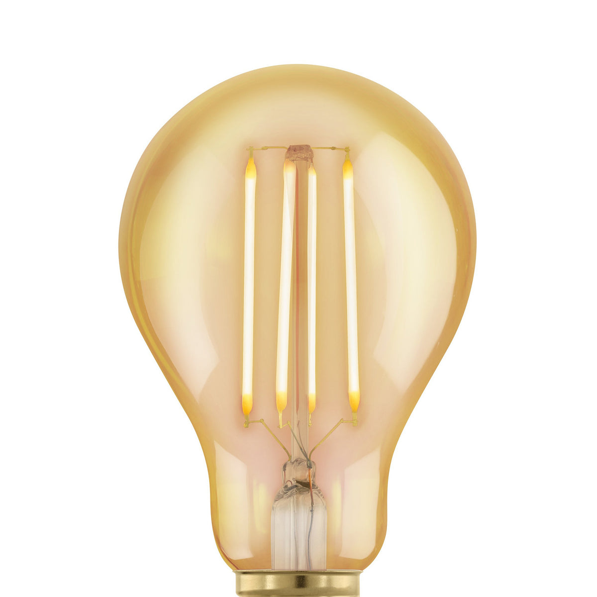 Amber LED bulb, A-shape, with four upright filaments in tinted glass and an E27 brass-coloured screw cap, shown on a plain white background.