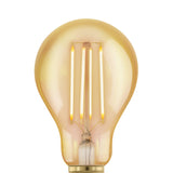 Amber LED bulb, A-shape, with four upright filaments in tinted glass and an E27 brass-coloured screw cap, shown on a plain white background.