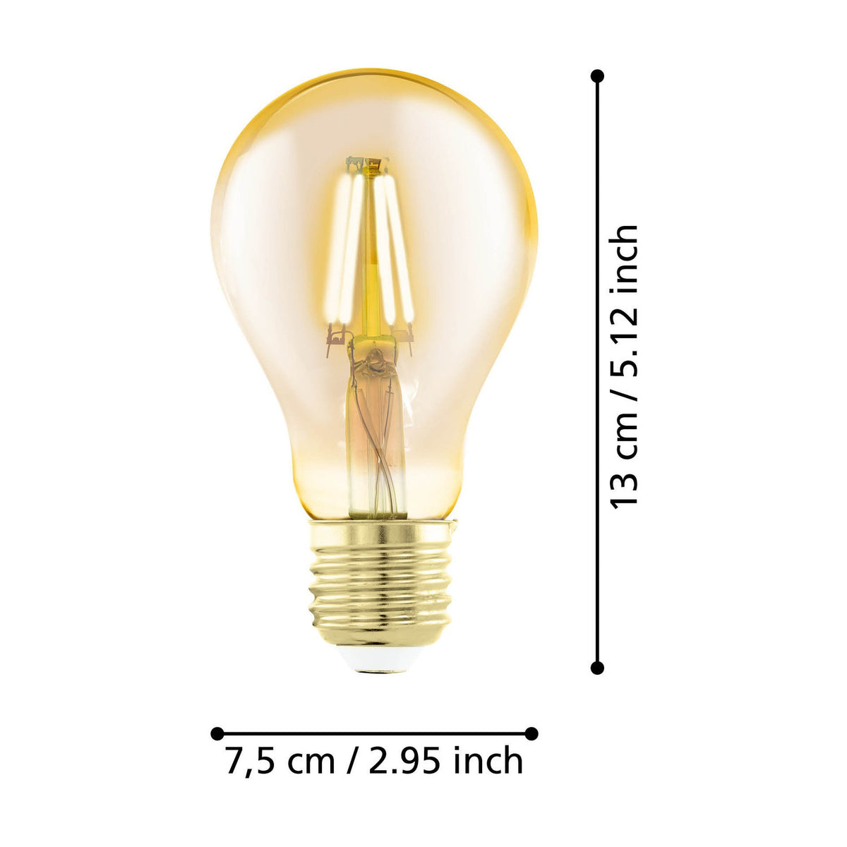 Amber LED bulb E27, classic A-shape with visible filaments in tinted glass, brass-coloured screw cap, shown with dimension labels 13cm height and 7.5cm diameter on white background.