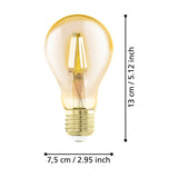 Amber LED bulb E27, classic A-shape with visible filaments in tinted glass, brass-coloured screw cap, shown with dimension labels 13cm height and 7.5cm diameter on white background.