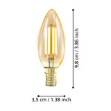 Amber glass LED candle bulb, E14 brass-coloured screw cap, slim tapered shape with visible upright filaments, dimensions 9.8cm x 3.5cm shown on white background.