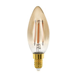 Amber dimmable LED candle bulb, E14 C35 shape, with visible upright filaments inside tinted glass and a brass-coloured screw cap, shown on a plain white background.
