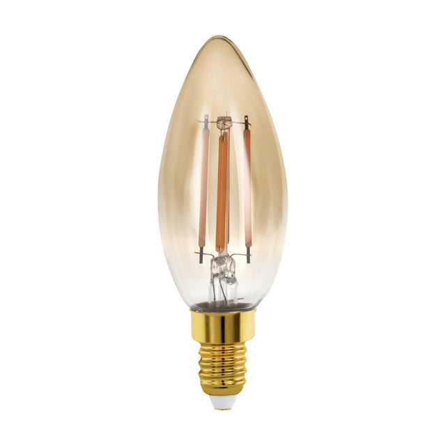 Amber dimmable LED candle bulb, E14 C35 shape, with visible upright filaments inside tinted glass and a brass-coloured screw cap, shown on a plain white background.