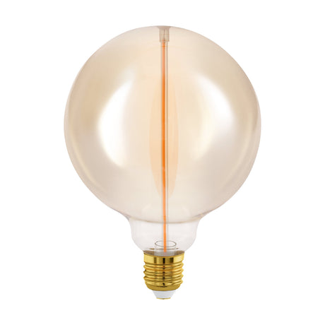 Amber Dimmable LED Globe Bulb E27 G125, large round amber glass globe with a single vertical filament and brass-coloured E27 screw cap, shown on a plain white background.
